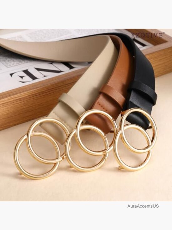 3-Pack Ladies Faux Leather Belt Set with Double O-Ring Gold Buckle main image 5